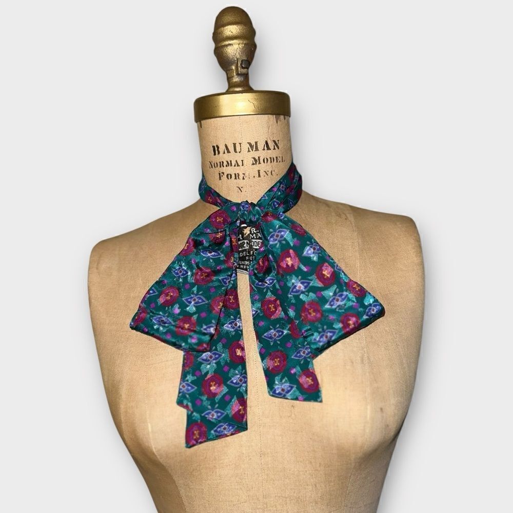 Vintage Purple and Teal Geometric Print Silk Pussybow Scarf, Hair band, Tie Belt